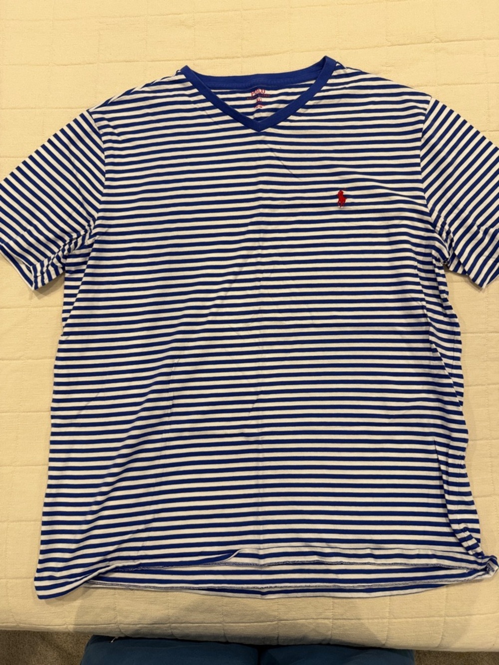 Polo by Ralph Lauren Blue & White Striped V-Neck Tee with Red Pony